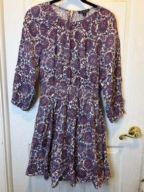 J. Crew Palermo 100% Linen Purple & Cream Paisley Smocked-Waist LS Dress